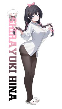 1girl black_hair blue_eyes braid breasts brown_pantyhose button_gap buttons character_name closed_mouth collared_shirt dress_shirt full_body highres holding holding_own_hair large_breasts long_hair long_sleeves looking_at_viewer nannung no_pants pantyhose shirayuki_hina shirt simple_background slippers smile solo stellive thighband_pantyhose twin_braids twintails virtual_youtuber white_background white_shirt
