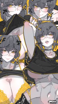 1girl absurdres arms_behind_head artist_name black_choker black_shirt bra breasts choker cleavage closed_mouth commentary cropped_shirt double-parted_bangs english_commentary glasses grey_hair hair_between_eyes hair_ornament highres jrpencil large_breasts looking_at_viewer mole mole_on_breast mouth_hold multiple_views navel open_mouth original raised_inner_eyebrows shirt short_hair short_sleeves simple_background smile underwear yellow_background yellow_bra yellow_eyes