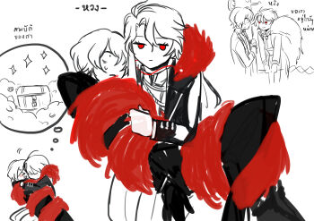 >_< 1boy 1girl absurdres blush_stickers carrying carrying_person closed_eyes closed_mouth coat commentary constricted_pupils don_quixote_(project_moon) dress_pants facing_another fur_shawl gloves greyscale halberd heads_together hetero highres holding holding_polearm holding_weapon jacket jitome la_manchaland_(identity)_(project_moon) layered_sleeves limbus_company long_hair long_sleeves looking_at_viewer monochrome nugii nuzzle polearm popped_collar project_moon red_eyes red_shawl sancho_(project_moon) shawl shoes sinclair_(project_moon) slouching speech_bubble spoken_object spot_color suit_jacket sweatdrop symbol-only_commentary tearing_up tears thai_text treasure_chest weapon white_background wide-eyed wrist_cuffs