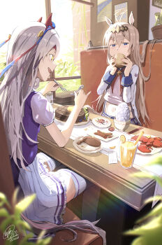 2girls absurdres ahoge animal_ears blue_eyes blue_hairband blue_sailor_collar brooch covered_navel cup ear_covers ear_ornament eating food fork grey_hair grey_tail hair_between_eyes hair_ornament hairband headband highres holding holding_food holding_fork holding_spoon horse_ears horse_girl horse_tail indoors jacket jewelry lemonade lobster long_hair long_sleeves meal midriff multicolored_hair multicolored_hairband multiple_girls neckerchief oguri_cap_(starlight_beat)_(umamusume) oguri_cap_(umamusume) open_mouth pleated_skirt puffy_short_sleeves puffy_sleeves purple_shirt red_headband red_neckerchief rice saber17 sailor_collar sailor_shirt school_uniform shirt short_sleeves sitting skirt smile spoon star_brooch steak striped_clothes striped_hairband table tail tamamo_cross_(umamusume) thighhighs tracen_school_uniform two-tone_hairband umamusume very_long_hair white_jacket white_sailor_collar white_shirt white_skirt white_thighhighs