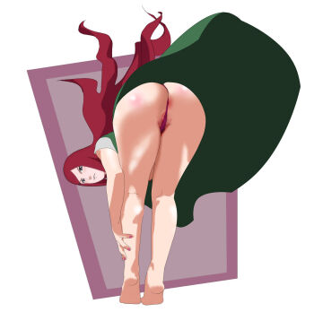 1girl ass ass_focus barefoot from_behind hellzwyn highres huge_ass leaning_forward looking_at_viewer looking_back mature_female naruto_(series) panties pubic_hair pubic_hair_peek red_hair solo tiptoes underwear uzumaki_kushina wind