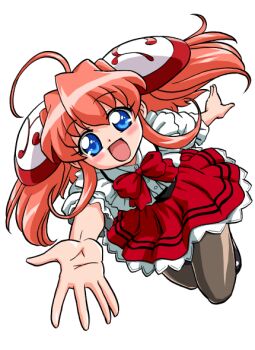 Rule 34 | 1girl, :d, ahoge, bandabekken, black shoes, blue eyes, bow, bowtie, bronze parrot, cummerbund, frilled shirt, frills, full body, long hair, looking at viewer, open hand, open mouth, outstretched arm, pantyhose, pleated skirt, reaching, reaching towards viewer, red bow, red bowtie, red hair, red skirt, rizel, rizelmine, shirt, shoes, sidelocks, simple background, skirt, smile, solo, twintails, waitress, white background, white shirt