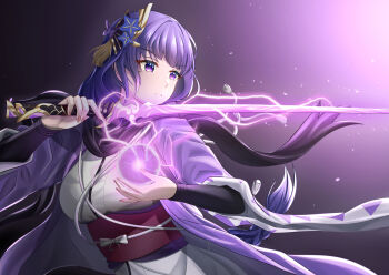 Rule 34 | 1girl, alternate costume, blunt bangs, braid, closed mouth, commentary, cosplay, dealesis, electricity, english commentary, fate/grand order, fate (series), genshin impact, glowing, glowing sword, glowing weapon, hair ornament, highres, holding, holding orb, holding sword, holding weapon, japanese clothes, katana, kimono, long braid, looking to the side, mole, mole under eye, musou isshin (genshin impact), okita souji (fate), okita souji (koha-ace), okita souji (third ascension) (fate), orb, purple eyes, purple hair, purple kimono, raiden shogun, red sash, sash, single braid, solo, standing, sword, upper body, weapon, wide sleeves