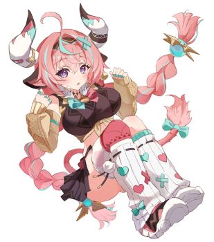 1girl ahoge animal_ears aqua_hair bell black_skirt blush bow braid breasts bright_pupils cow_ears cow_girl cow_horns cow_tail cowbell detached_sleeves full_body genshin_impact hair_between_eyes hairband heart highres horns large_breasts leg_warmers long_hair looking_at_viewer multicolored_hair open_mouth pink_hair purple_eyes shoes single_thighhigh situki skirt sleeves_past_wrists sneakers solo streaked_hair tail tail_bow tail_ornament thighhighs twin_braids varesa_(genshin_impact) white_background white_leg_warmers yellow_sleeves