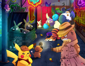 :< arm_behind_back arrow_(symbol) artist_name blue_hat brick_wall brown_coat brown_hat building camera camera_flash chalk_outline claws clipboard closed_eyes closed_mouth clothed_pokemon coat commentary crabrawler crime_scene detective detective_pikachu_(character) detective_pikachu_(series) ditto dumpster english_commentary evidence_markers gen_1_pokemon gen_4_pokemon gen_5_pokemon gen_7_pokemon graffiti gumshoos hat hat_ornament heart holding holding_camera holding_clipboard holding_pencil honchkrow mimikyu neon_sign nintendo open_door open_mouth patrat pencil pikachu pokemon pokemon_(creature) pokemon_focus police_badge police_hat rainbow rattata red_eyes red_scarf scarf sharp_teeth signature smelling squirtle star_(symbol) star_hat_ornament taking_picture teeth thecalendork toothpick transformed_ditto trash_back trench_coat trubbish upper_teeth_only watermark