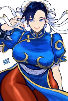 1girl blue_dress blue_eyes bracelet breasts brown_pantyhose capcom china_dress chinese_clothes chun-li double_bun dress earrings eyeshadow hair_bun hair_ribbon hashtag-only_commentary high_collar jewelry large_breasts makeup misodiru pantyhose profile puffy_short_sleeves puffy_sleeves red_eyeshadow ribbon short_sleeves signature solo spiked_bracelet spikes street_fighter
