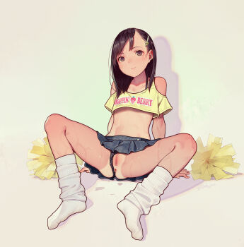 1girl anus arm_support black_panties blue_skirt brown_hair censored closed_mouth clothing_aside english_text female_focus full_body grey_background hair_ornament hairclip highres loli looking_at_viewer loose_socks m_legs medium_hair mosaic_censoring muk_(monsieur) original panties panties_aside pussy ribbed_socks shadow simple_background sitting skirt socks solo spread_legs textless_version underwear white_socks