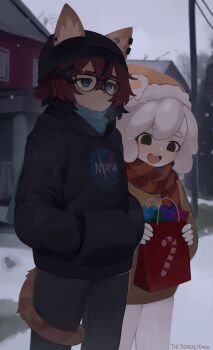 2girls adversarial_noise artist_name bag black_hat black_pants brown_hair brown_hat ears_through_headwear hair_ornament happy hat highres holding holding_bag logo multiple_girls nasa_logo orange_scarf original outdoors pants red_scarf scarf short_hair smile snow snowing white_hair white_pants x_hair_ornament yoako