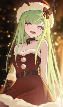 1girl absurdres bare_shoulders bell belt black_belt black_choker blurry blurry_background bow choker christmas commentary cowboy_shot depth_of_field dress fake_antlers fur-trimmed_dress fur_trim green_hair hat highres indoors long_hair looking_at_viewer multicolored_eyes neck_bell open_mouth pom_pom_(clothes) purple_eyes purple_pupils red_bow red_dress santa_costume santa_hat smile solo stellive straight_hair strapless strapless_dress two-tone_eyes very_long_hair virtual_youtuber yireh yuzuha_riko