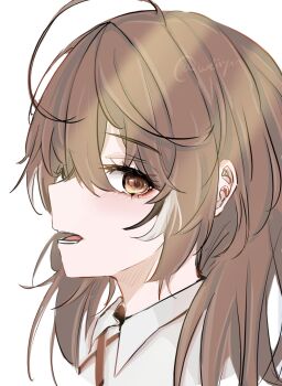 1girl ahoge brown_eyes brown_hair collared_shirt hair_down highres hololive hololive_english long_hair looking_at_viewer multicolored_hair nanashi_mumei open_mouth shirt streaked_hair very_long_hair virtual_youtuber weiiyxn white_shirt