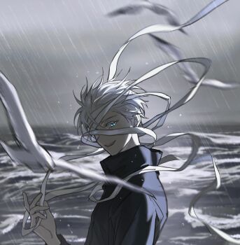 black_jacket blue_eyes gojou_satoru gugulayle hair_between_eyes highres jacket jujutsu_kaisen jujutsu_tech_uniform long_sleeves looking_at_viewer loose_bandages ocean one_eye_covered open_mouth rain short_hair smile upper_body waves wet white_hair