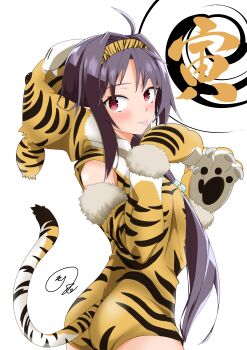 1girl absurdres ahoge animal_costume animal_hands animal_hood animal_print ass black_hairband black_hood black_leotard black_sleeves blush breasts check_clothing chinese_zodiac clothing_request commentary_request detached_sleeves fake_tail from_side fur-trimmed_gloves fur-trimmed_sleeves fur_trim gloves hair_intakes hairband hands_up highres hood leotard long_hair long_sidelocks long_sleeves looking_at_viewer looking_to_the_side maximum7010 multicolored_hairband multicolored_leotard paw_gloves paw_pose purple_hair red_eyes sidelocks simple_background small_breasts solo sword_art_online tail tiger_costume tiger_print tiger_tail tongue translation_request two-tone_hairband two-tone_hood two-tone_leotard two-tone_sleeves white_background year_of_the_tiger yellow_hairband yellow_hood yellow_leotard yellow_sleeves yuuki_(sao)