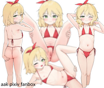 1girl aak absurdres armpits ass bikini bikini_bottom_aside blonde_hair blurry blurry_background blush clothing_aside cropped_legs flat_chest green_eyes highres idolmaster idolmaster_cinderella_girls loli looking_at_viewer micro_bikini multiple_views navel nipple_slip nipples one_eye_closed pussy red_bikini sakurai_momoka side-tie_bikini_bottom smile swimsuit white_background