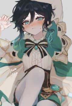 1boy aqua_eyes aqua_gem aqua_hair arm_up artist_name black_bow black_bowtie black_hair blush bow bowtie brooch brown_corset cape capelet center_frills closed_mouth commentary corset eyelashes frilled_sleeves frills gem genshin_impact gradient_hair green_cape green_capelet green_shorts hair_between_eyes highres jewelry knee_up long_sleeves looking_at_viewer lying male_focus medium_hair multicolored_hair nene_chiru on_back pantyhose pom_pom_(clothes) puffy_shorts shirt short_shorts shorts sidelocks signature solo sweatdrop symbol-only_commentary two-sided_cape two-sided_fabric venti_(genshin_impact) vision_(genshin_impact) white_pantyhose white_shirt