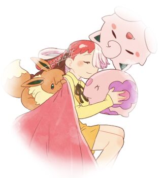 1girl 3others :3 :o asymmetrical_bangs blush breasts child choko_egg crossover dress eevee flower gen_1_pokemon gen_5_pokemon hair_rings highres hug jigglypuff long_hair looking_at_viewer lying medium_breasts multiple_others munna nintendo on_side one_piece open_mouth pink_flower pokemon pokemon_(creature) purple_eyes sleeping tail uta_(one_piece) white_dress