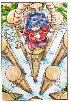 1girl bird blue_hair border breasts foreshortening frilled_sleeves frills hair_ornament hand_on_own_hip highres large_breasts layered_sleeves leaf leaf_hair_ornament long_sleeves looking_at_animal maple_leaf medium_hair mirror morisshii_(morishiey) mountain onbashira outdoors perspective purple_skirt red_shirt rope sandals shimenawa shirt short_over_long_sleeves short_sleeves skirt smile solo standing touhou water white_border yasaka_kanako