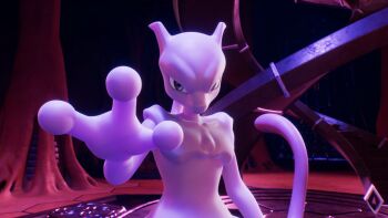 3d feet_out_of_frame gen_1_pokemon highres horns legendary_pokemon looking_at_viewer mewtwo nintendo no_humans official_art pokemon pokemon:_mewtwo_strikes_back_-_evolution pokemon_(anime) pokemon_(creature) purple_eyes screencap serious standing tail