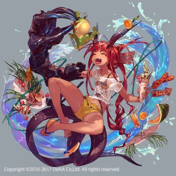 1girl 2016 2017 asymmetrical_arms braid breasts cherry claws closed_eyes corn fangs feet food frog fruit full_body grey_background horns ice_cream juice long_hair meat noire_(othellonia) open_mouth orange_(fruit) original red_hair saliva sandals sausage shorts small_breasts so-taro squid straw tail tomato tongue tongue_out watermelon waves wet wet_clothes wings