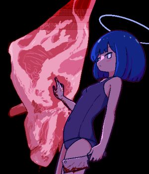 1girl bad_id bad_twitter_id black_background blood blood_on_hands blue_eyes blue_hair blue_halo blue_one-piece_swimsuit breasts chibikki cleaver covered_navel expressionless halo holding holding_cleaver medium_hair nanako_(chibikki) one-piece_swimsuit original outline pixel_art raw_meat red_outline simple_background small_breasts solo swimsuit
