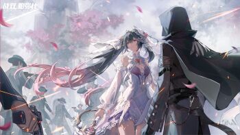 belt cape commandant_(pgr) commentary_request dress formal_clothes gun hat highres holding holding_gun holding_sword holding_weapon hood lucia:_pyroath_(love's_dawn)_(pgr) lucia_(pgr) multicolored_hair official_alternate_costume official_art punishing:_gray_raven red_eyes suit sword tree twintails two-tone_hair veil weapon wedding_dress