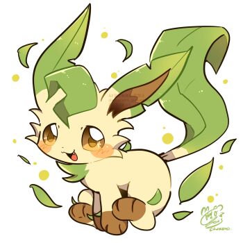 animal_focus blush blush_stickers brown_eyes chacoro_pokemon check_commentary commentary_request fang gen_4_pokemon highres leaf leafeon looking_at_viewer nintendo no_humans pokemon pokemon_(creature) simple_background smile solo watermark white_background