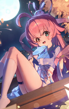 1girl :d absurdres ahoge autumn autumn_leaves blue_archive blue_eyes blush breasts bright_pupils chinese_clothes commentary_request dongyang_kissoml dutch_angle foot_out_of_frame full_moon hair_between_eyes hair_ornament hair_rings hand_fan hands_up hanfu heterochromia highres holding holding_fan holding_petal hoshino_(blue_archive) hoshino_(mid-autumn_festival)_(blue_archive) jiaoling_ruqun kneehighs knees_up lantern leaf long_hair long_sleeves looking_at_viewer moon night no_shoes official_alternate_costume official_alternate_hairstyle open_mouth outdoors outstretched_hand petals pink_hair pink_shawl rabbit_hair_ornament shawl sidelocks sitting small_breasts smile socks solo tareme thigh_strap thighs underlighting very_long_hair white_pupils white_socks wide_sleeves yellow_eyes