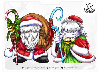 Rule 34 | babamon, candy, candy cane, christmas, digimon, digimon (creature), food, hat, highres, jijimon, nextdigimon, original, santa costume, santa hat, smile, staff