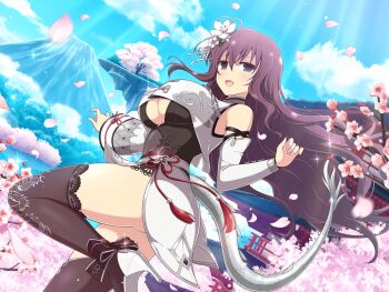 1girl 2024 architecture branch breasts building cherry_blossoms chinese_zodiac cleavage cleavage_cutout clothing_cutout cloud cloudy_sky covered_navel day detached_sleeves dragon dragon_girl dragon_print dragon_tail east_asian_architecture falling_petals floating_island flower footwear_ribbon hair_flower hair_ornament high_heels japanese_clothes large_breasts long_hair looking_at_viewer midair mount_fuji mountainous_horizon murasaki_(senran_kagura) new_year non-web_source official_art open_mouth petals purple_eyes purple_hair see-through_clothes senran_kagura senran_kagura_new_link silver_footwear sky smile sunlight tail thigh_strap thighhighs tree wavy_hair yaegashi_nan