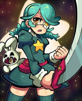 1girl absurdres annie_(skullgirls) belt_pouch blush braid cowboy_shot dress emmantroll eyepatch fist green_hair highres holding holding_sword holding_weapon juliet_sleeves long_sleeves looking_to_the_side open_mouth pouch puffy_sleeves sagan_(skullgirls) short_dress skullgirls solo space star_(sky) star_(symbol) stuffed_animal stuffed_rabbit stuffed_toy sword thighhighs twin_braids weapon yellow_eyes