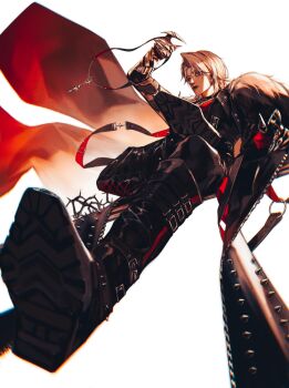 1girl absurdres alternate_costume asymmetrical_bangs belt belt_buckle belt_collar black_belt black_boots black_eyes black_jacket black_lips black_pants boots buckle cape claws closed_mouth collar crossed_legs expressionless floating_cape from_below full_body fur-trimmed_jacket fur_trim gleam grey_hair highres holding holding_jewelry holding_necklace jacket jewelry knee_boots lace-up leather leather_jacket lipstick makeup mechanical_arms multiple_belts necklace open_clothes open_jacket pants path_to_nowhere pendant punk red_cape red_shirt shirt shoe_belt short_hair simple_background single_mechanical_arm solo stars_zhangzhang white_background zoya_(path_to_nowhere)