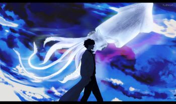 1boy absurdres animal black_hair black_shirt coat collared_shirt dark faceless facing_to_the_side glowing hands_in_pockets highres kim_dokja letterboxed male_focus omniscient_reader&#039;s_viewpoint open_clothes open_coat outdoors oversized_animal shirt short_hair solo squid surreal variant_set walking white_coat yu_shiro_ki