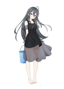 1girl ahoge arms_behind_back bare_legs barefoot black_dress black_eyes black_hair black_skirt breasts bucket cleaned closed_mouth collarbone doga_kobo dot_nose dress feet female_focus full_body highres holding holding_bucket kimishima_ayano legs long_hair looking_at_viewer miniskirt official_art see-through_clothes see-through_dress see-through_skirt simple_background skirt sleeveless small_breasts solo solo_focus thighs toes tokidoki_bosotto_roshia-go_de_dereru_tonari_no_alya-san white_background