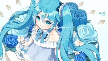 Rule 34 | 1girl, aona (noraneko), aqua eyes, aqua hair, aqua nails, artist name, blue bow, blue bowtie, blue flower, blue gem, blush, bow, bowtie, brooch, closed mouth, commentary request, dress, flower, gem, hair bow, hatsune miku, jewelry, long hair, looking at viewer, musical note, off-shoulder dress, off shoulder, rose, sitting, smile, solo, striped bow, twintails, very long hair, vocaloid, white background, white dress, white flower, white rose