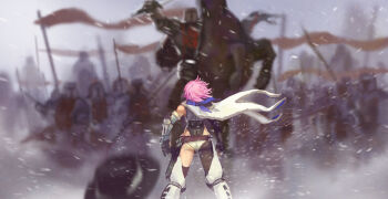 Rule 34 | 1girl, 2 sensei, 6+boys, armor, ass, battle, belt, blue scarf, blurry, blurry background, cape, flag, from behind, gauntlets, helmet, holster, horseback riding, mina (pixiv fantasia last saga), multiple boys, outdoors, pink hair, pixiv fantasia, pixiv fantasia last saga, riding, scarf, short hair, snowing, white cape
