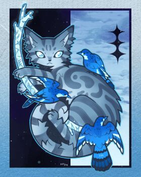 animal animal_focus bird blind blue_border blue_eyes blue_jay blue_theme border cat commentary english_commentary grey_cat highres jayfeather jayfeather's_stick kitty_(fernwhisker) looking_at_viewer name_connection no_humans object_namesake power_of_three solo tabby_cat warrior_cats