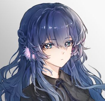 1girl arknights astesia_(arknights) black_shirt blue_eyes blue_hair braid closed_mouth collared_shirt commentary_request gradient_background grey_background hair_between_eyes long_hair looking_at_viewer rnkk shirt solo upper_body