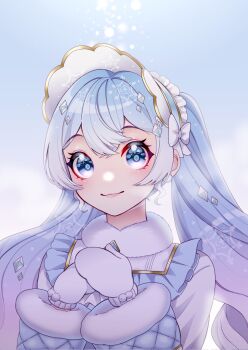 1girl aqua_eyes aqua_hair blush breasts closed_mouth commentary_request diamond-shaped_pupils diamond_(shape) frilled_hairband frills fur-trimmed_sleeves fur_trim gradient_hair hair_between_eyes hairband hatsune_miku highres long_hair long_sleeves looking_at_viewer masumofu mittens multicolored_hair pink_hair small_breasts smile solo symbol-shaped_pupils upper_body very_long_hair vocaloid white_mittens yuki_miku