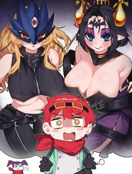 1boy 2girls absurdres auraaa bare_shoulders beelstarmon black_hair black_vest blonde_hair blue_eyes blush breasts brown_hair cleavage cowboy_shot cropped_vest demon_girl demon_horns digimon digimon_(creature) digimon_story:_time_stranger eye_mask highres horns impmon large_breasts lilithmon mask multiple_girls red_eyes red_scarf scarf speech_bubble thought_bubble underboob vest yellow_eyes yuuki_dan