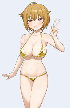 1girl absurdres ahoge bare_arms bikini blonde_hair blush breasts collarbone commentary_request cowboy_shot gold_bikini grey_background hair_flaps hand_up highres ibuki_tsubasa idolmaster idolmaster_million_live! large_breasts looking_at_viewer navel open_mouth red_eyes short_hair simple_background smile solo standing swimsuit tokimenzen v