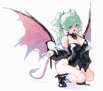 1girl absurdres ankle_boots bare_shoulders black_boots black_choker black_horns black_jacket black_leotard black_ribbon boots breasts chain check_copyright choker cleavage collarbone copyright_request demon_tail full_body green_eyes green_hair hair_between_eyes high_heels highres horns jacket large_breasts legs leotard long_hair long_sleeves looking_at_viewer multicolored_jacket off_shoulder open_clothes open_jacket open_mouth original ribbon shiro_wa_(shiroshironix) simple_background spiked_choker spikes squatting tail thighs two-tone_jacket v white_background white_jacket wings
