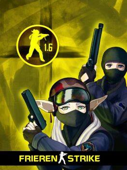 2girls artist_name artrextino balaclava blue_jacket blunt_bangs commentary contemporary counter-strike counter-strike_(series) cover derivative_work earrings elf english_commentary fake_cover fern_(sousou_no_frieren) finger_on_trigger floating_earrings frieren goggles goggles_on_head gun handgun highres holding holding_weapon jacket jewelry looking_at_viewer multiple_girls parody pointy_ears purple_hair shotgun sousou_no_frieren thick_eyebrows twintails upper_body v-shaped_eyebrows video_game_cover video_game_cover_redraw weapon white_hair yellow_background