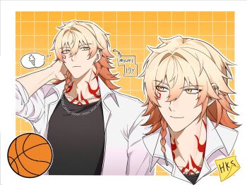 Rule 34 | 1boy, alternate costume, ball, basketball (object), black shirt, blonde hair, braid, chain, chain necklace, character name, chest tattoo, chrysos heirs school uniform, collared shirt, commentary, facial tattoo, gradient hair, highres, honkai: star rail, honkai (series), jewelry, male focus, medium hair, multicolored hair, multiple views, mydei (honkai: star rail), neck tattoo, necklace, open clothes, open shirt, red hair, red tattoo, school uniform, shirt, side braid, spoken food, symbol-only commentary, tattoo, white shirt, wish 0812, yellow eyes