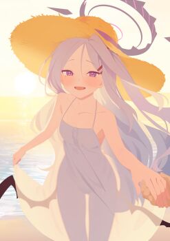 1boy 1girl absurdres alternate_costume bare_arms blue_archive collarbone commentary dated_commentary demon_horns demon_wings dress grey_hair halo hat highres hina_(blue_archive) holding_hands horns kukuzero_neko long_hair low_wings multiple_horns outdoors pov pov_hands purple_eyes see-through_silhouette sleeveless sleeveless_dress straight_hair straw_hat sundress sunset very_long_hair white_dress wings