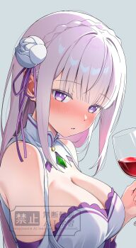 1girl alcohol bagworm_(mirahuru) bare_shoulders blue_background blunt_bangs blush braid breasts cleavage cleavage_cutout clothing_cutout commentary_request crown_braid cup drinking_glass drunk elf emilia_(re:zero) flower from_side gem green_gem hair_flower hair_ornament hair_ribbon highres large_breasts long_hair long_sleeves looking_at_viewer parted_lips pink_hair pointy_ears purple_eyes purple_ribbon re:zero_kara_hajimeru_isekai_seikatsu ribbon shoulder_cutout simple_background solo watermark wine wine_glass