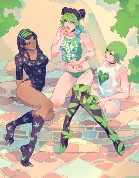 3girls ass black_hair delicourse drugs ermes_costello foo_fighters_(jojo) green_hair green_lips green_panties green_tank_top hello_kitty highres jewelry jojo_no_kimyou_na_bouken kuujou_jolyne leotard marijuana meme multiple_girls necklace panties sanrio tank_top thighhighs underwear white_tank_top