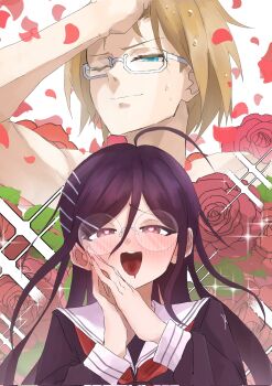 1boy 1girl ahoge amaruru0723 black_hair black_shirt blue_eyes commentary_request danganronpa:_trigger_happy_havoc danganronpa_(series) floral_background flower fukawa_toko glasses heart heart-shaped_pupils highres imagining long_hair long_sleeves looking_at_viewer neckerchief one_eye_closed own_hands_together petals pink_eyes red_flower red_neckerchief red_rose rose round_eyewear sailor_collar shirt short_hair sweat symbol-shaped_pupils togami_byakuya topless_male white_sailor_collar
