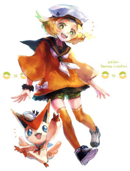 Rule 34 | 1girl, alternate costume, bianca (pokemon), black sailor collar, blonde hair, character name, ezroseven, full body, gen 5 pokemon, green eyes, hat, heart, legendary pokemon, looking at viewer, mythical pokemon, nintendo, open mouth, orange socks, pokemon, pokemon (creature), pokemon bw, sailor collar, sailor hat, simple background, socks, victini, white background