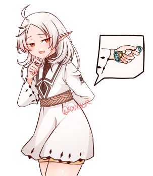 1girl absurdres ahoge arm_behind_back bottle collared_dress dress elf hand_up highres holding holding_bottle long_sleeves medium_hair mushoku_tensei orange_eyes parted_bangs pointy_ears sdd13lr simple_background smile smug solo speech_bubble sylphiette_(mushoku_tensei) thought_bubble twitter_username white_background white_dress white_hair