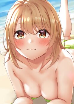 1girl ass beach bikini blush breasts brown_eyes brown_hair cleavage collarbone come_hither commentary feet_out_of_frame feet_up green_bikini highres isshiki_iroha looking_at_viewer lying medium_breasts medium_hair meri-san ocean on_stomach outdoors sand shore solo swimsuit the_pose topless_female untied_bikini_top yahari_ore_no_seishun_lovecome_wa_machigatteiru.