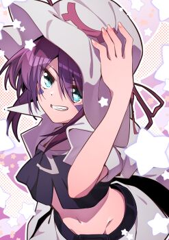 1girl absurdres aqua_eyes blue_eyes coat commentary_request crop_top erde_0 facial_mark fang grin hand_up hat highres looking_at_viewer merry_nightmare midriff navel purple_hair short_hair skirt smile solo triangle triangle_facial_mark white_coat white_hat white_skirt yumekui_merry